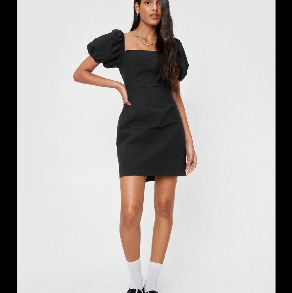 Nasty Gal Cute Sexy Black Puff Sleeve linen look Mini Dress size 2 nwt